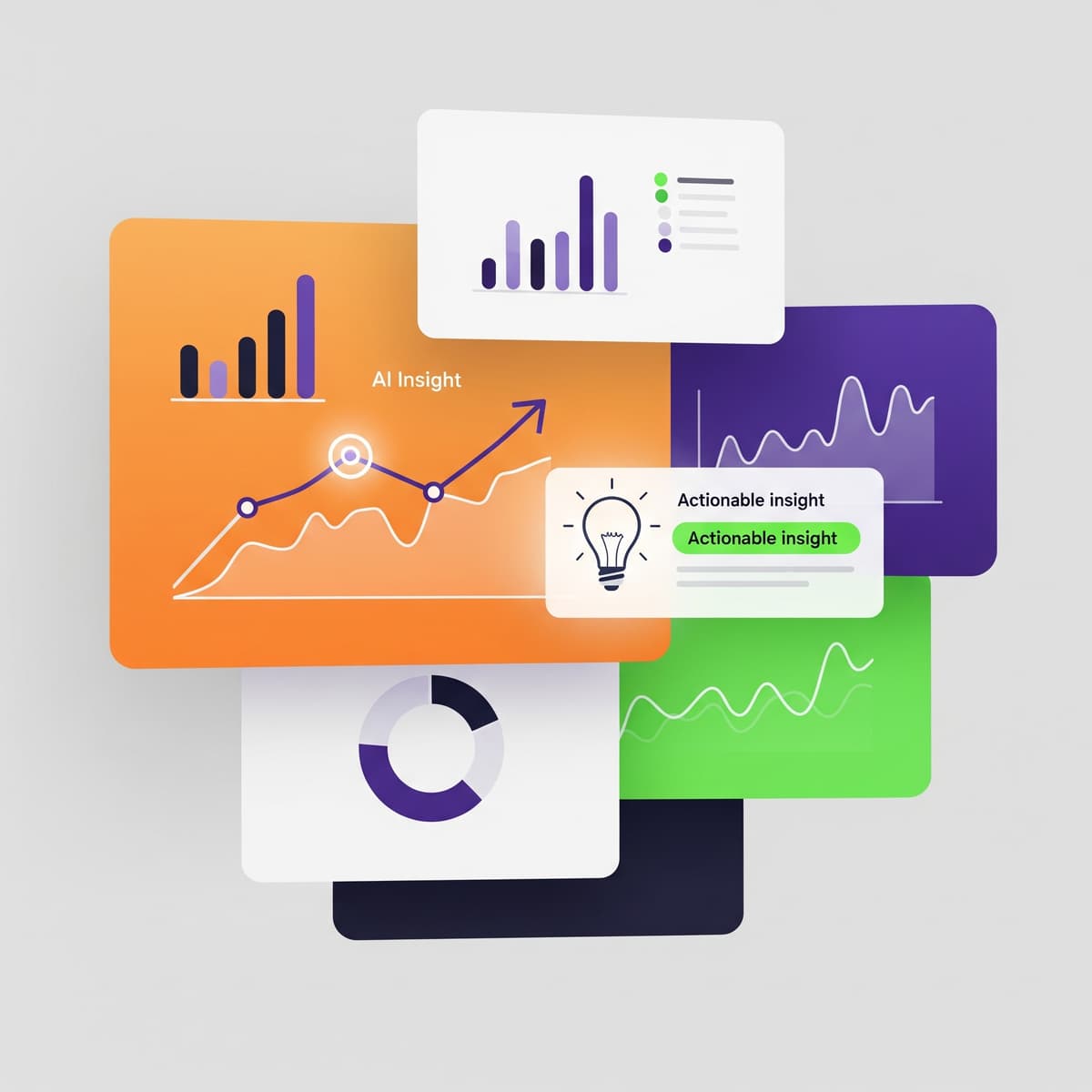 Illustration of a dashboard with charts and AI-generated insights.