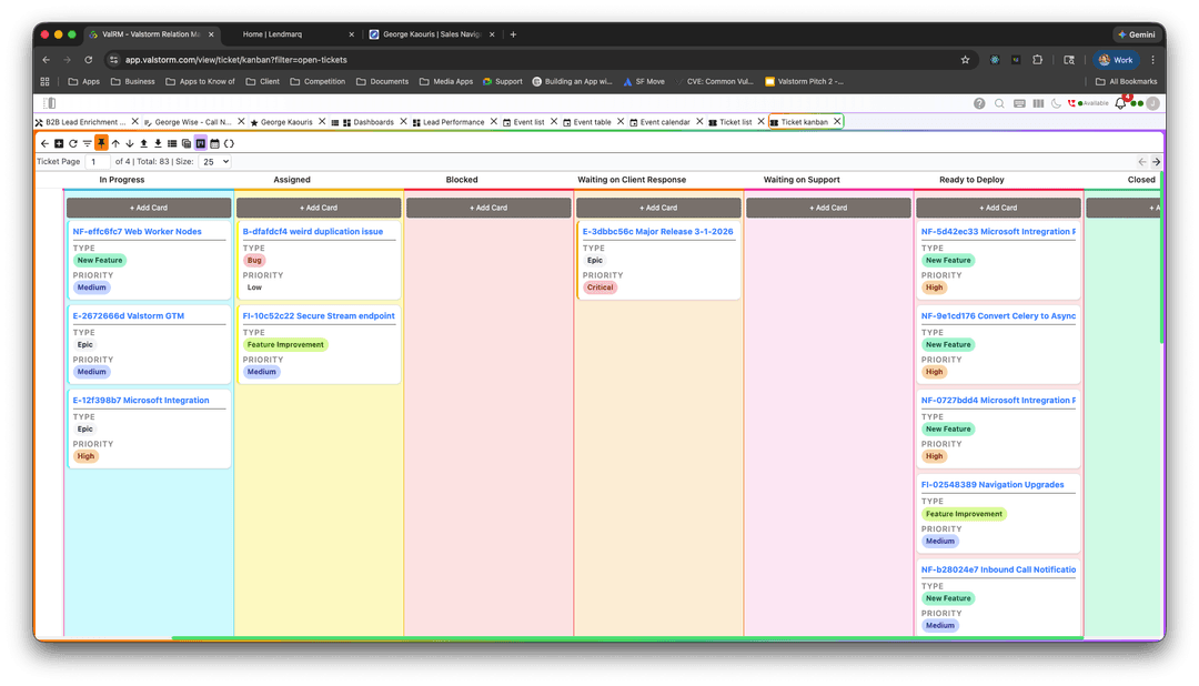 A Kanban board view in Valstorm for managing customer support tickets.